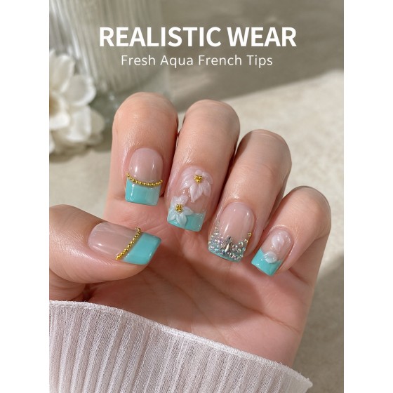 Aqua‑Bloom 3D White Floral Press‑On Nails, Short Square Handmade False Nails with French Tips, Gold Chain & Rhinestones